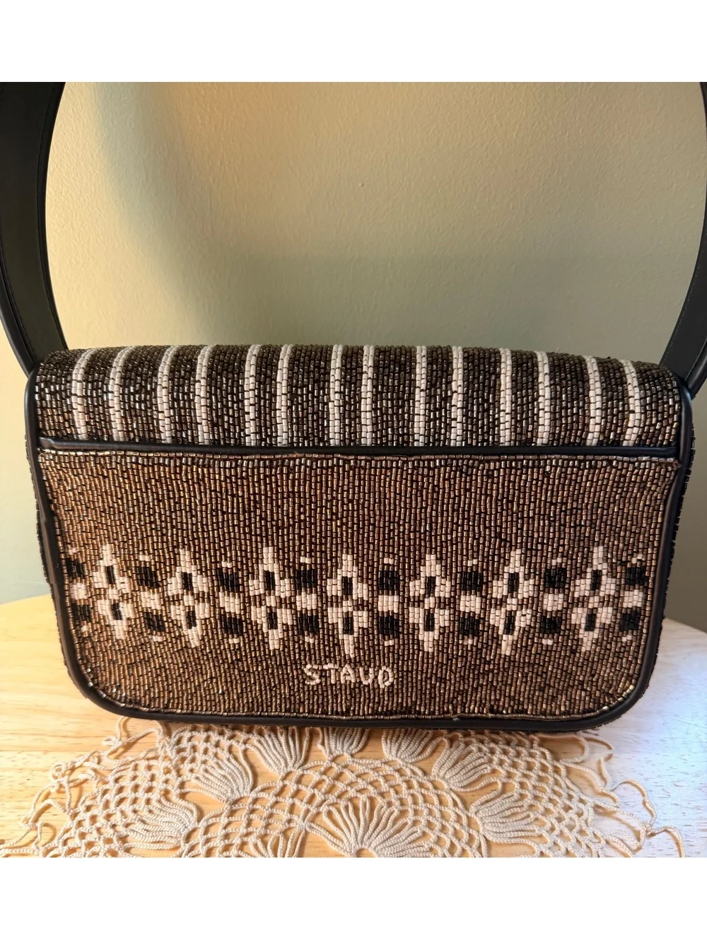 STAUD Zermatt Beaded Shoulder Bag with Geometric Pattern
